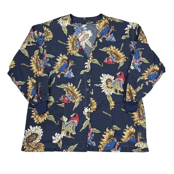 Vintage Scarecrow Sunflowers AOP Snap Front V-Neck Smock Shirt Blue Medium - Picture 1 of 7